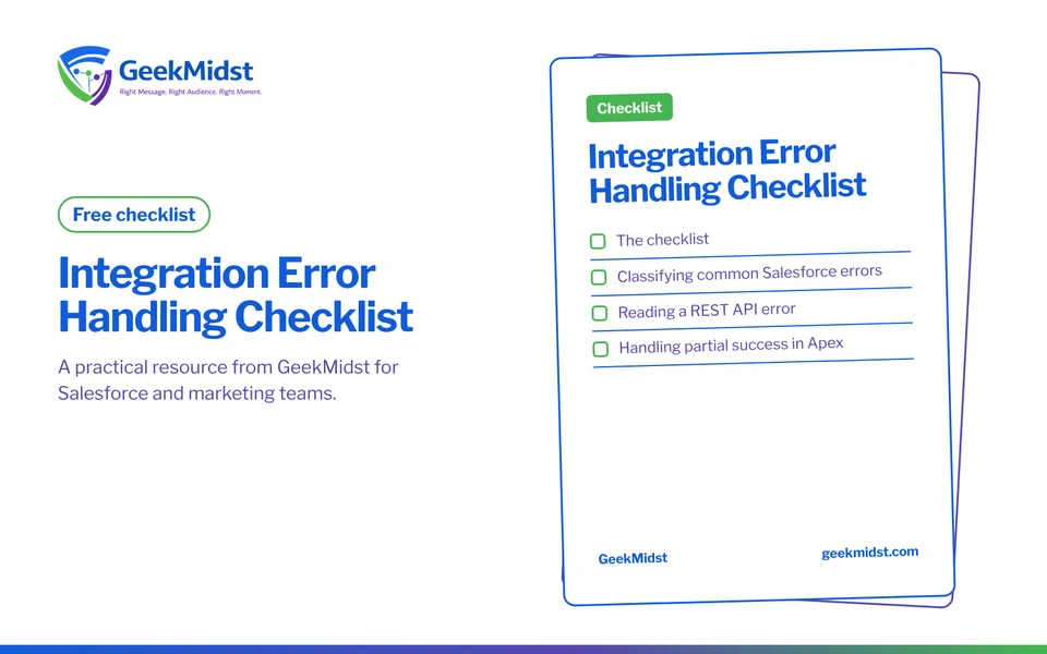 Cover of the GeekMidst Integration Error Handling Checklist (checklist), listing sections: The checklist, Classifying common Salesforce errors, Reading a REST API error